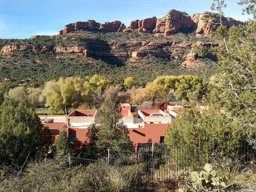 Hiking trail path through Boynton Canyon Sedona Arizona with red rocks and desert vegetation