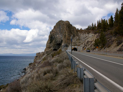 Cave Rock at Lake Tahoe, California – volcanic andesite column with US 50 tunnel