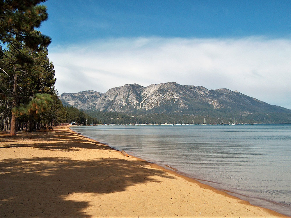 South Lake Tahoe cityscape with Lake Tahoe in the background, California
