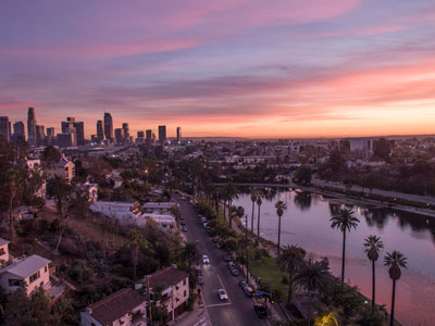 Echo Park Lake with Downtown Los Angeles Skyline