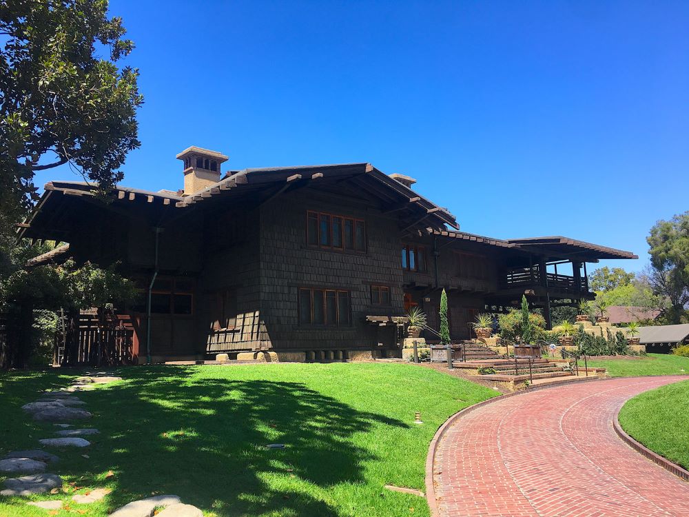 Rear garden view of the Gamble House, Pasadena, California