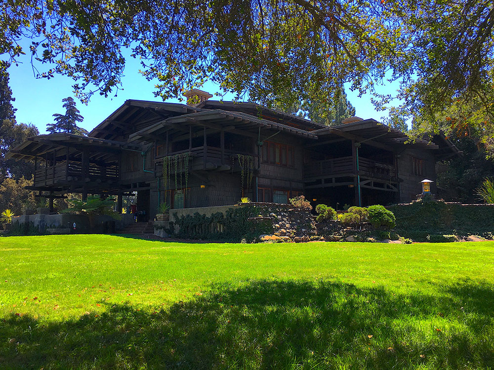Gamble House surrounded by lush landscaping, Pasadena, California