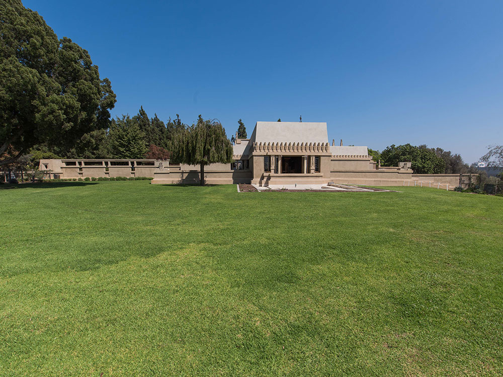 Hollyhock House exterior showing the Mayan Revival facade designed by Frank Lloyd Wright in Hollywood
