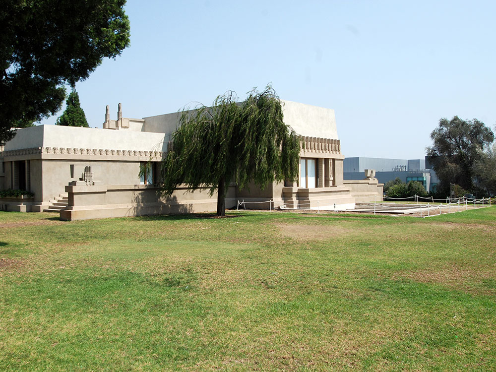 Hollyhock House roofline and ornamental details designed by Frank Lloyd Wright in Hollywood, Los Angeles