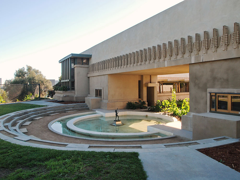 Hollyhock House garden courtyard with reflecting pool at the Frank Lloyd Wright landmark in Hollywood