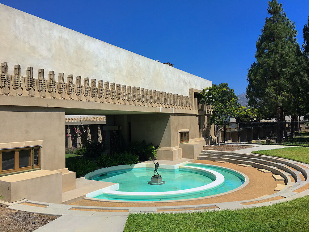 Hollyhock House side view showing the geometric ornamental facade details at Barnsdall Art Park, Hollywood
