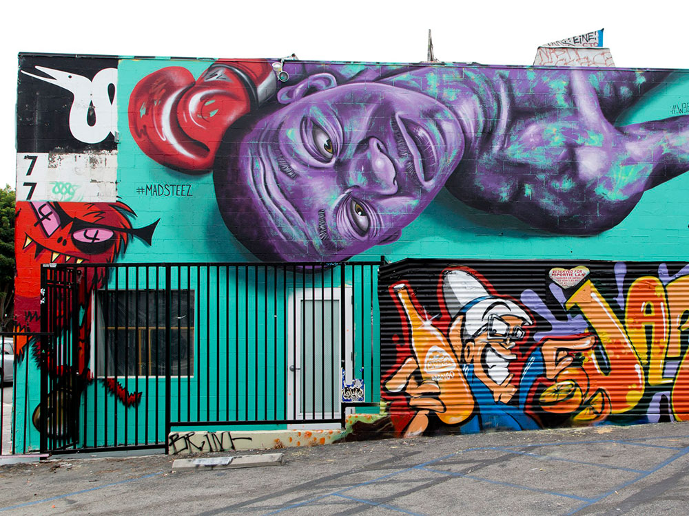 Boxing mural by Madsteez painted on a building on Melrose Avenue, Los Angeles