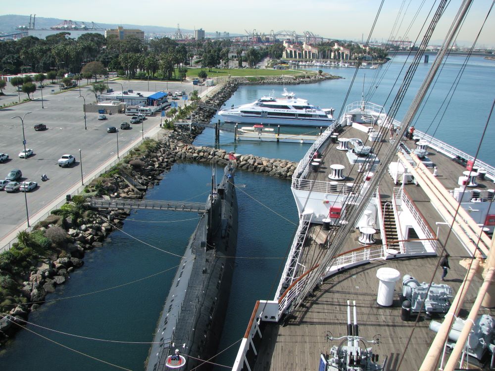 Entrance to the Queen Mary ship hotel and museum in Long Beach, California