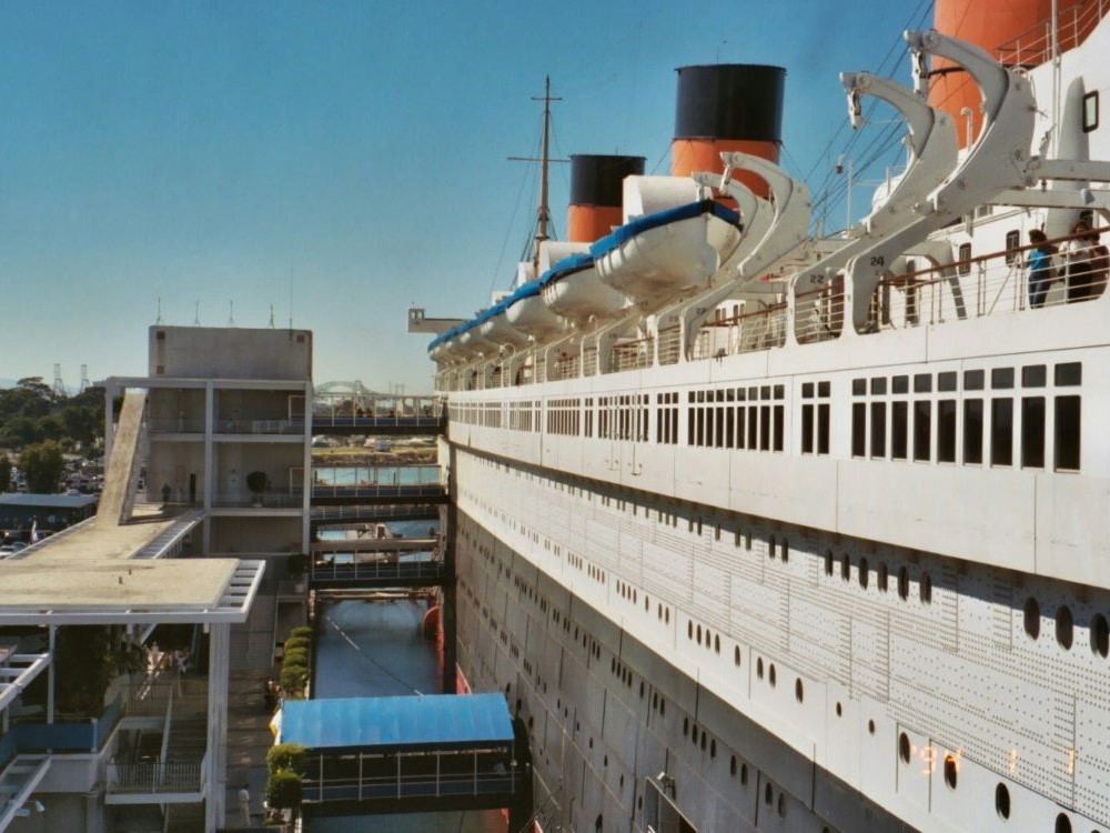 The Queen Mary ocean liner docked at Long Beach Harbor, California