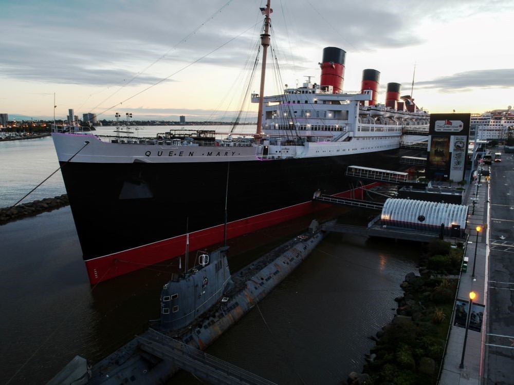 Lifeboats aboard the Queen Mary ocean liner in Long Beach, California