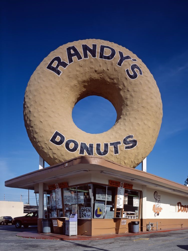 Randy's Donuts famous giant donut rooftop sign in Inglewood, Los Angeles