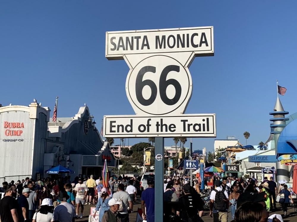 Historic Route 66 end sign at Santa Monica Pier in California