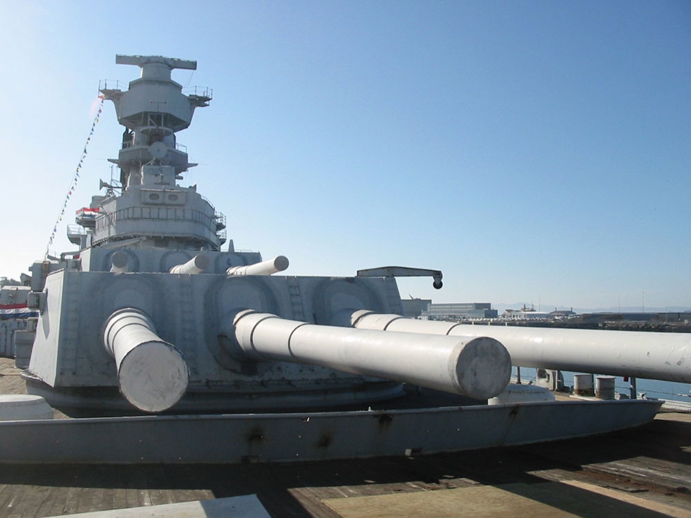 Six forward gun turrets of the USS Iowa battleship at the Port of Los Angeles