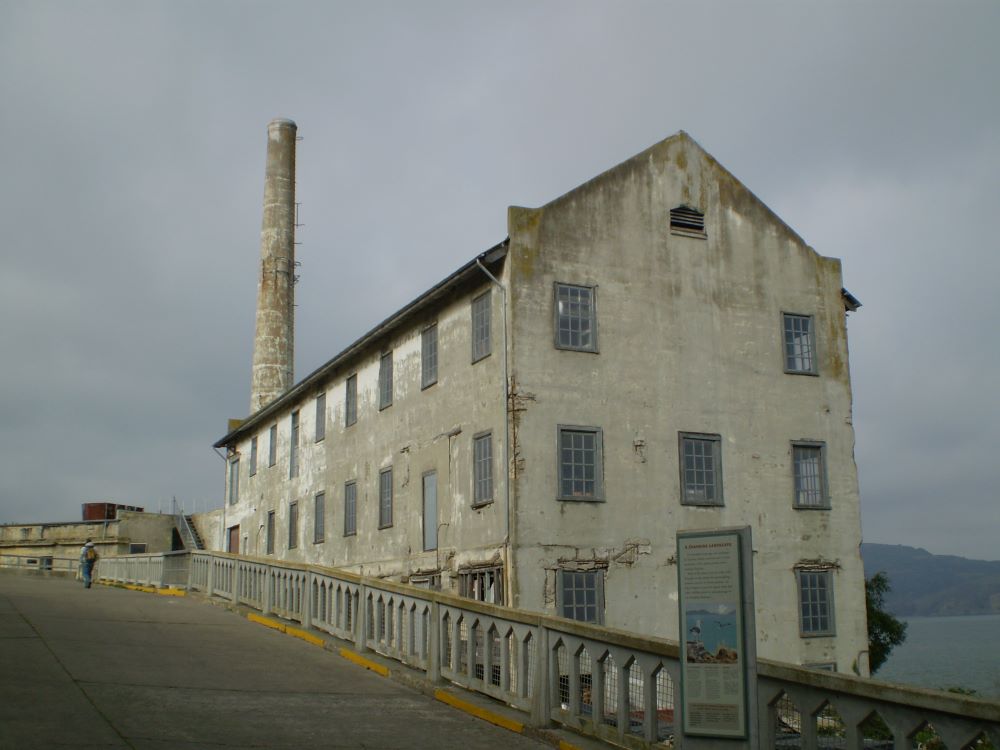 Exterior view of Alcatraz Island buildings and grounds, San Francisco Bay