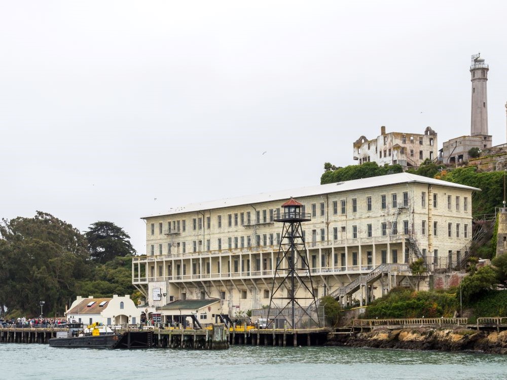 Alcatraz Island lighthouse and prison viewed from San Francisco Bay, 2012