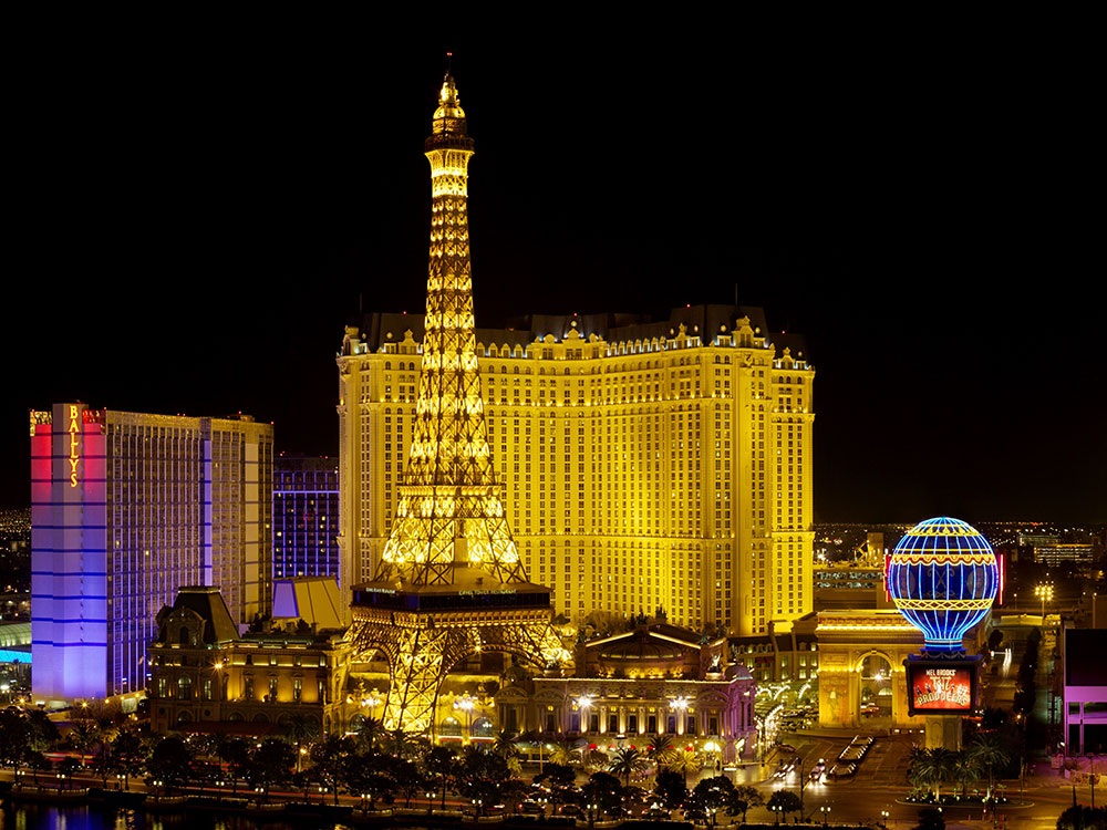 Wide panorama of the Las Vegas Strip at night