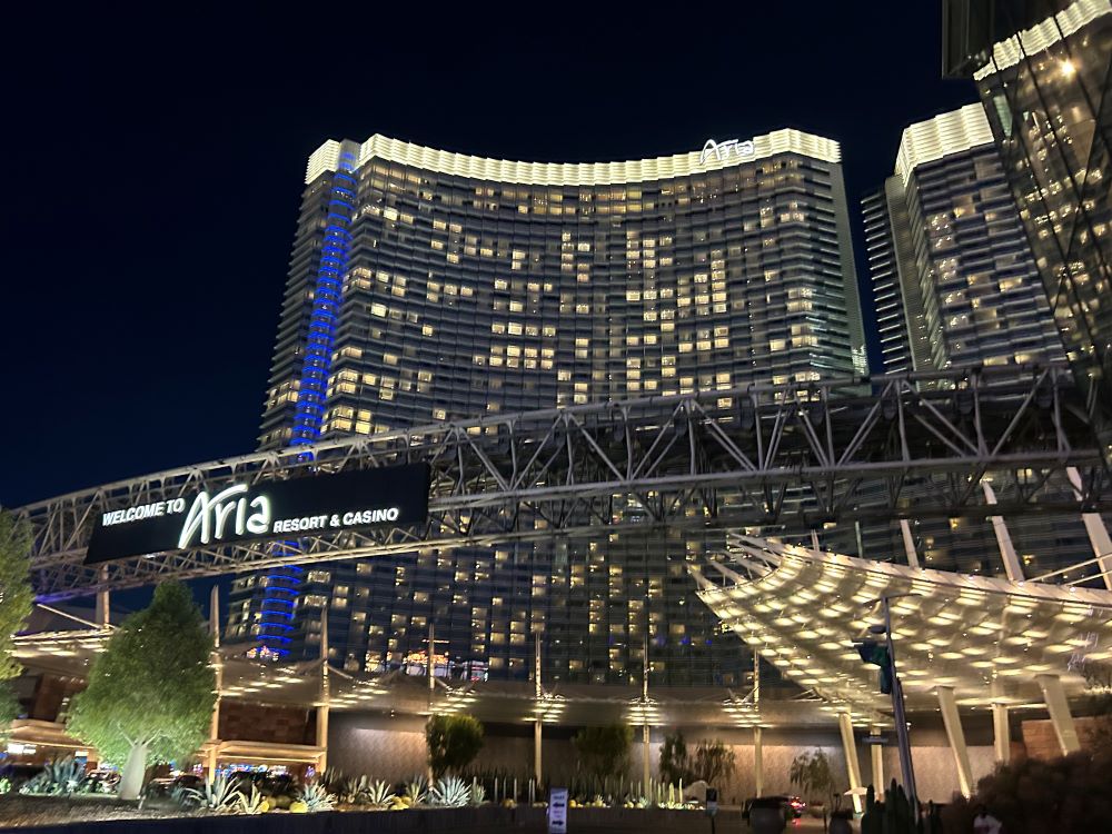 ARIA Resort and Casino entrance illuminated at night, Las Vegas, Nevada