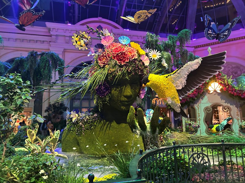 Visitor admiring floral display at Bellagio Conservatory and Botanical Gardens, Las Vegas, Nevada