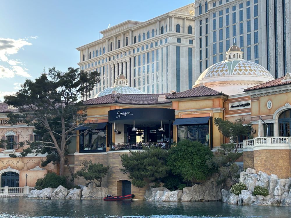 Bellagio Hotel exterior with restaurants, Las Vegas Strip, Nevada