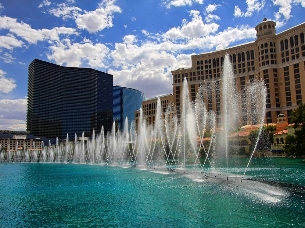 The Bellagio Fountains water jets rising, Las Vegas, Nevada