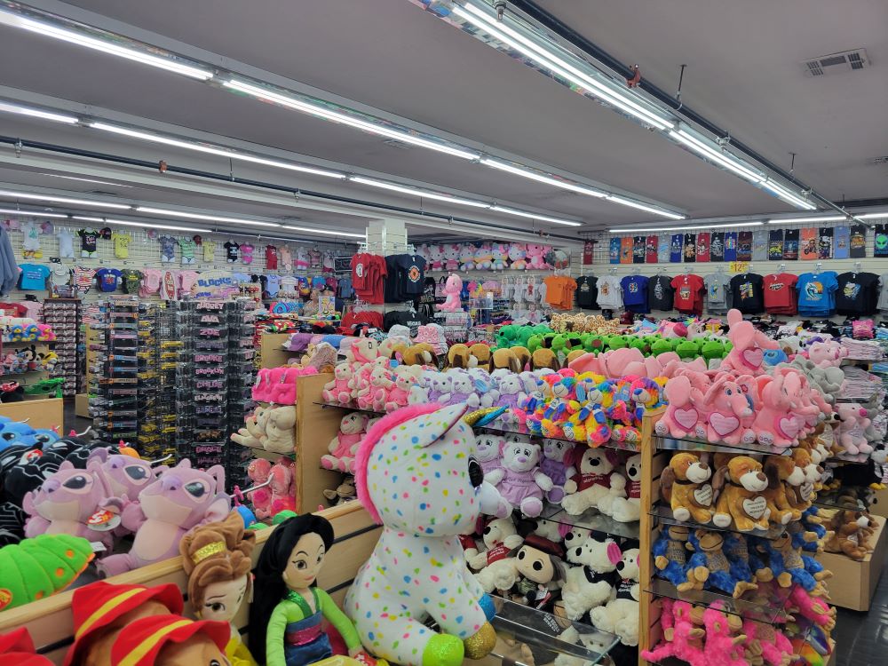 Interior aisles of Bonanza Gift Shop filled with Las Vegas souvenirs and novelty merchandise