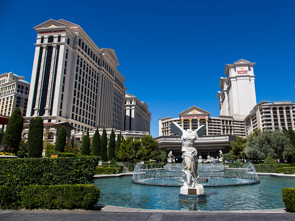 Caesars Palace entrance with Roman columns and imperial statues, Las Vegas, Nevada