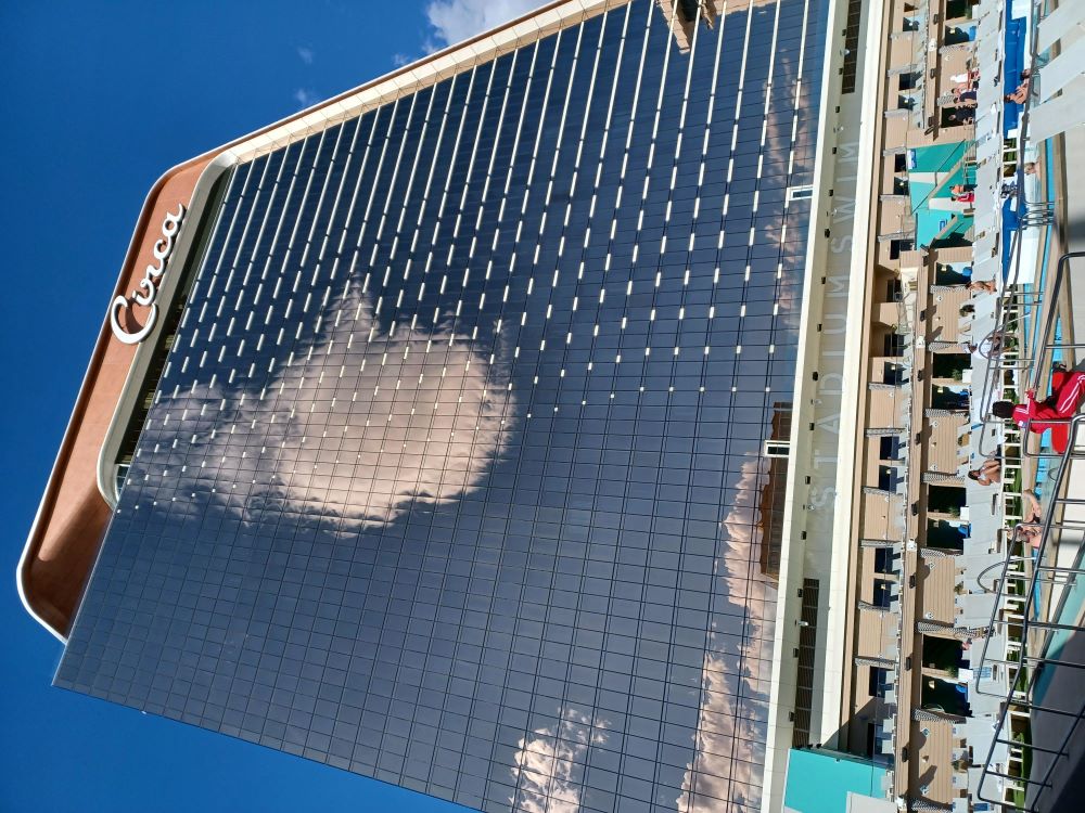 Circa Resort hotel tower viewed from the Stadium Swim rooftop pool amphitheater in downtown Las Vegas