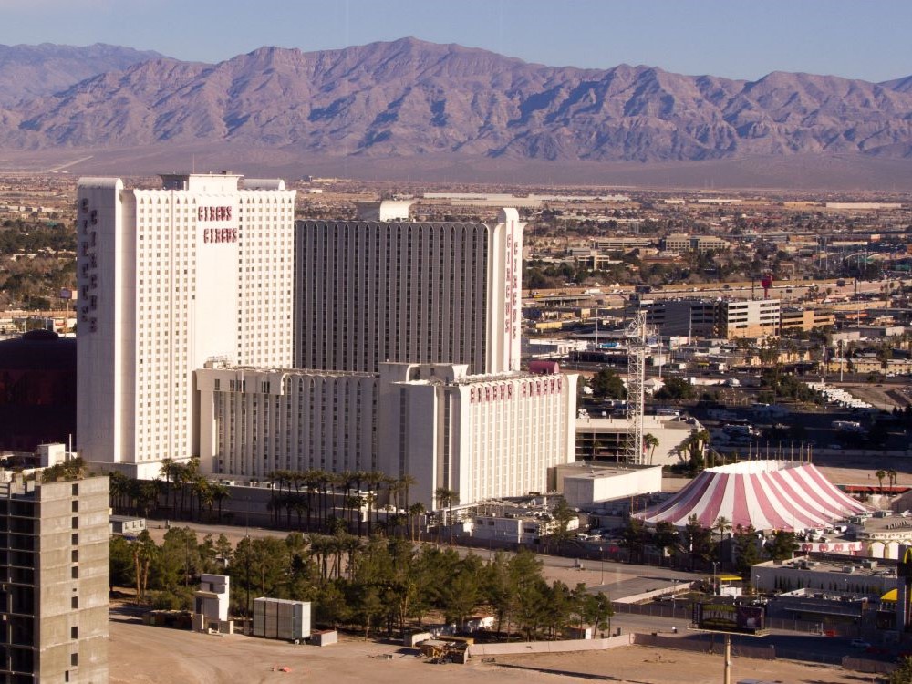 Circus Circus Hotel and Casino exterior with iconic clown marquee, Las Vegas, Nevada