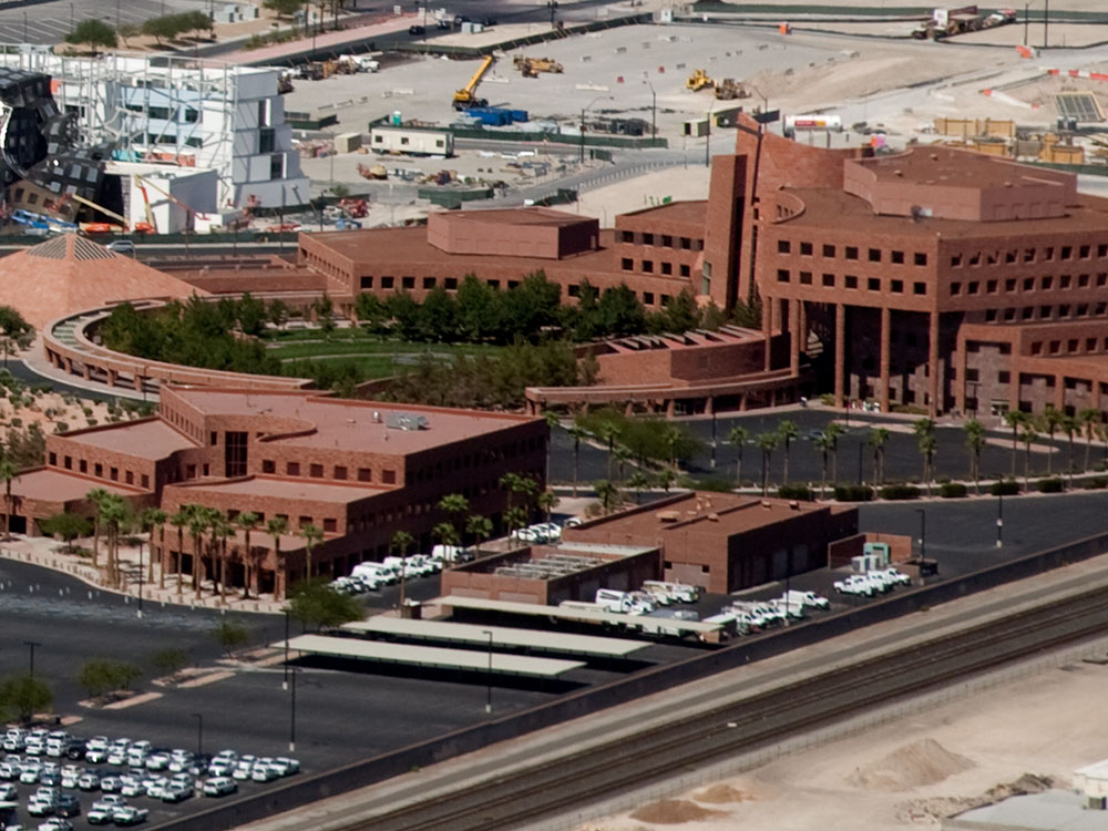 Aerial view of Clark County Government Center complex in downtown Las Vegas, Nevada
