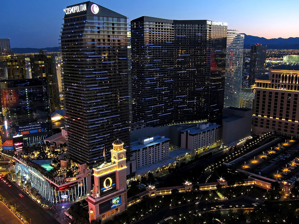 Exterior of The Cosmopolitan of Las Vegas luxury hotel and casino on the Las Vegas Strip at night