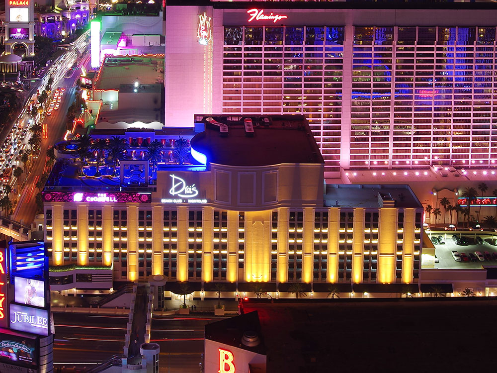 The Cromwell Las Vegas boutique hotel illuminated at night on the Strip