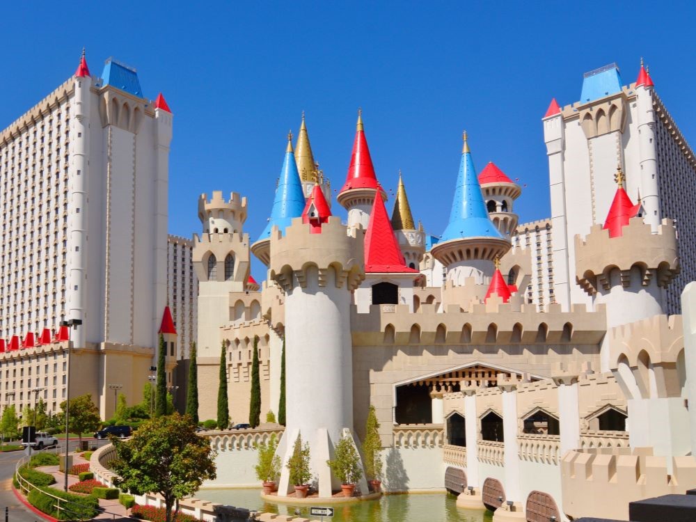Excalibur Hotel and Casino lit up at night on the Las Vegas Strip