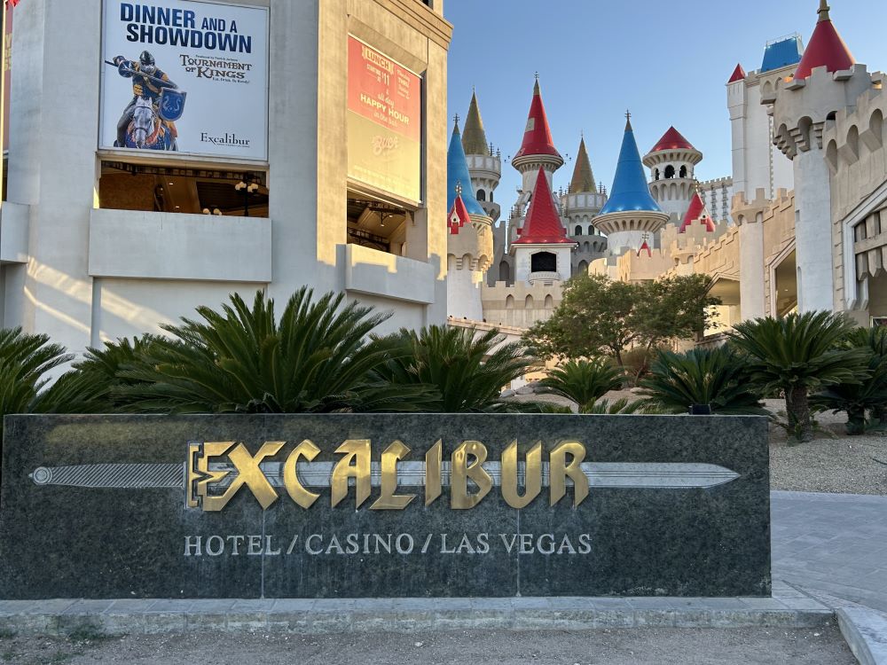 Excalibur Hotel and Casino illuminated castle sign in Las Vegas