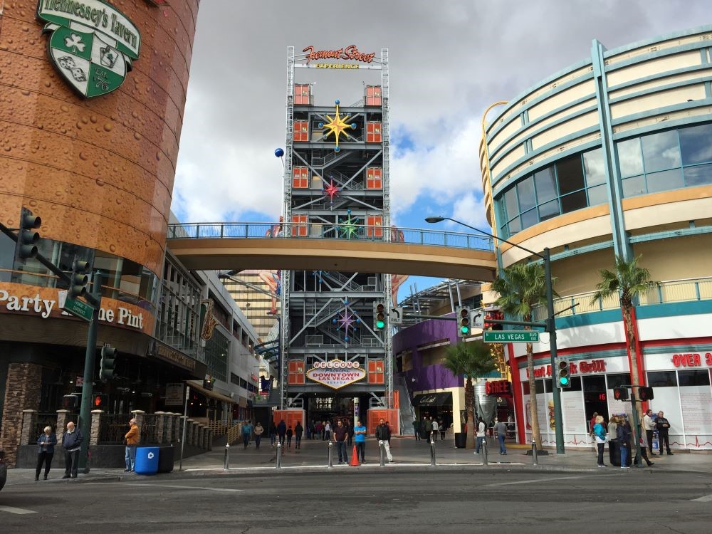 View northwest along Fremont Street Experience at the southeast end of the covered pedestrian mall in downtown Las Vegas