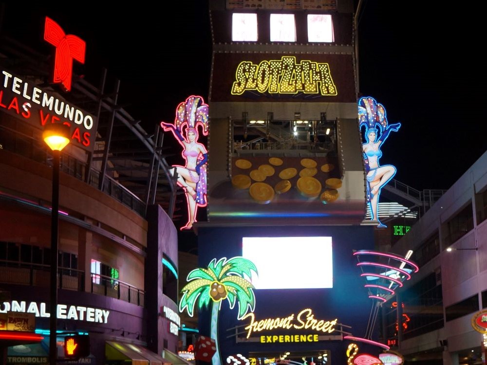 Fremont Street Experience LED light canopy and crowds in downtown Las Vegas at night in 2016