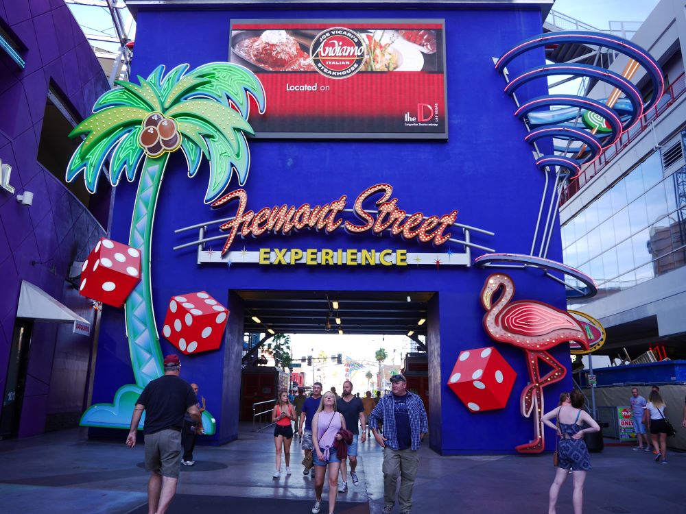 Crowds walking along Fremont Street Experience under the LED canopy in downtown Las Vegas