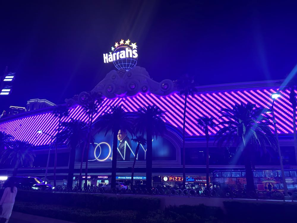 Harrah's Las Vegas exterior LED screen lit up at night