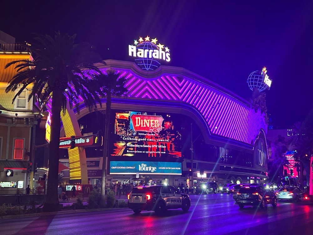 Harrah's Las Vegas side view of exterior LED screen at night