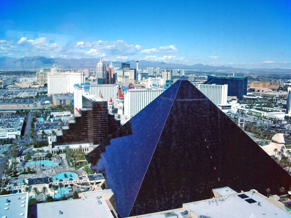 Luxor Hotel and Casino glass pyramid with sky beam in Las Vegas