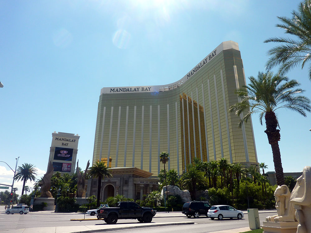 Mandalay Bay Resort exterior with golden tower facade in Las Vegas