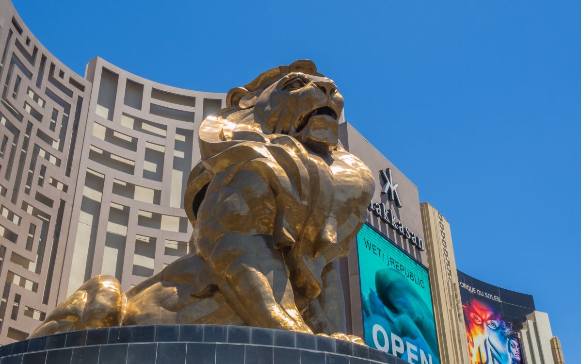 Leo the Lion bronze statue at the entrance of MGM Grand Las Vegas