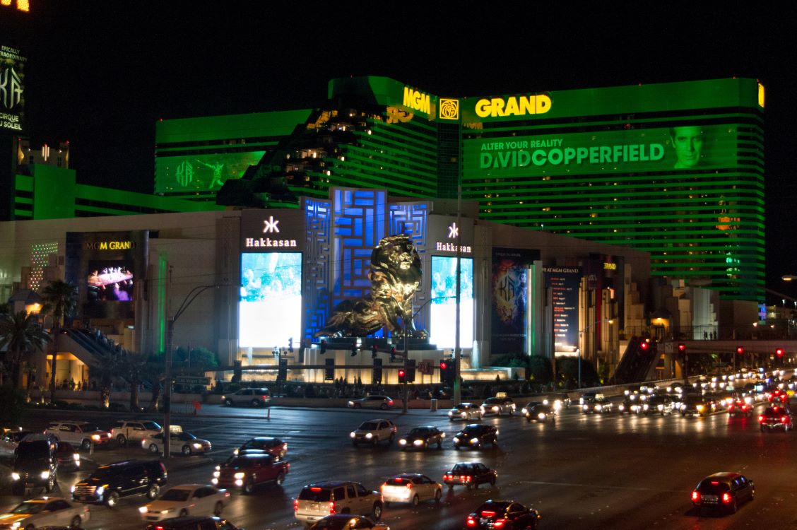 MGM Grand hotel and casino exterior illuminated at night on the Las Vegas Strip