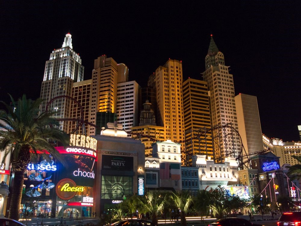 New York-New York Hotel and Casino with Manhattan skyline replica lit at night