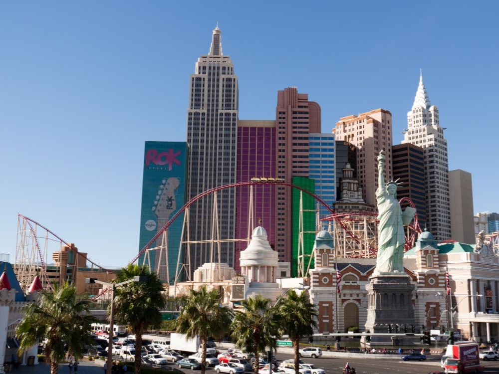 New York-New York Hotel and Casino with the Big Apple Coaster (formerly Manhattan Express) on the Las Vegas Strip