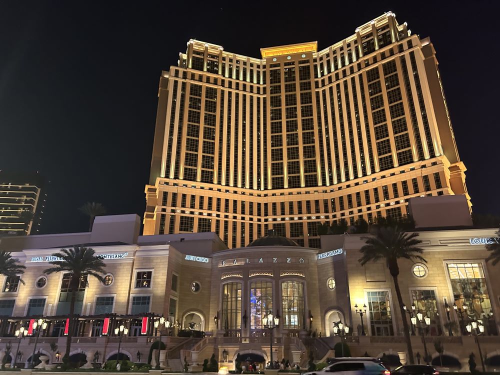 The Palazzo at the Venetian Resort illuminated at night on the Las Vegas Strip