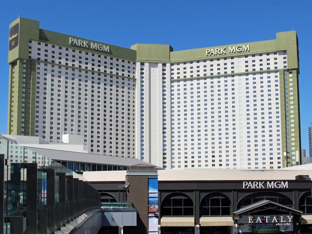 Park MGM Las Vegas hotel exterior viewed from the pedestrian bridge