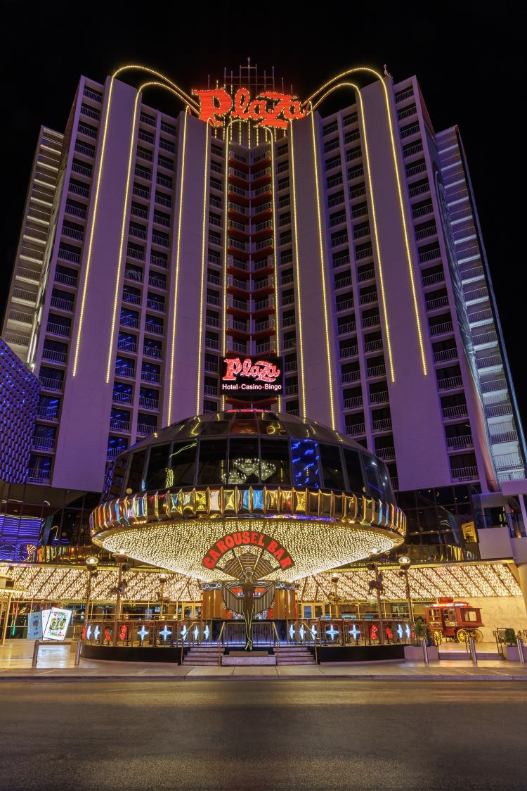 Vertical shot of Plaza Hotel and Casino north tower in downtown Las Vegas