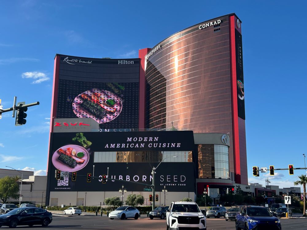Corner view of Resorts World Las Vegas from Las Vegas Boulevard