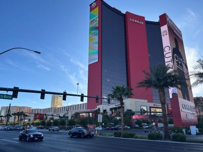 Resorts World Las Vegas hotel tower exterior on the north Las Vegas Strip