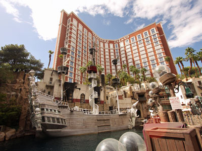 Treasure Island TI Hotel and Casino exterior with pirate ship facade on the Las Vegas Strip